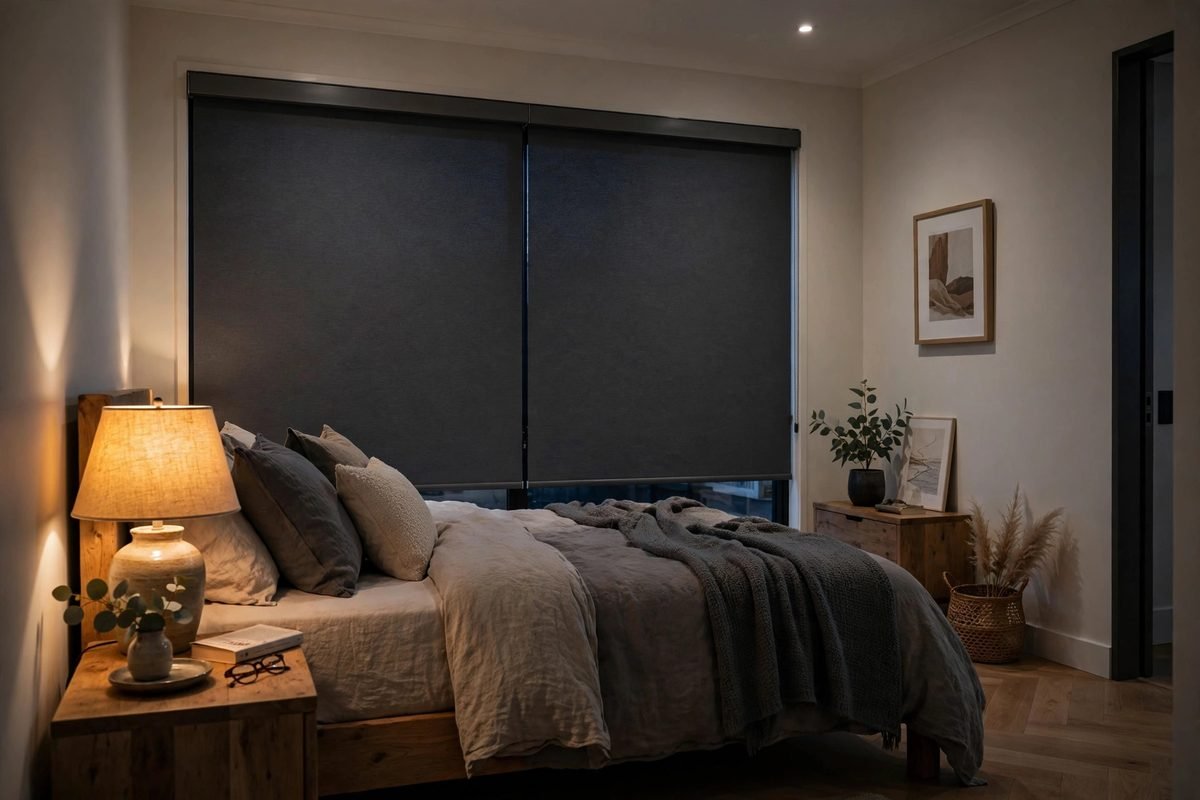 Bedroom in Perth with dark blockout roller blinds closed against the morning sun