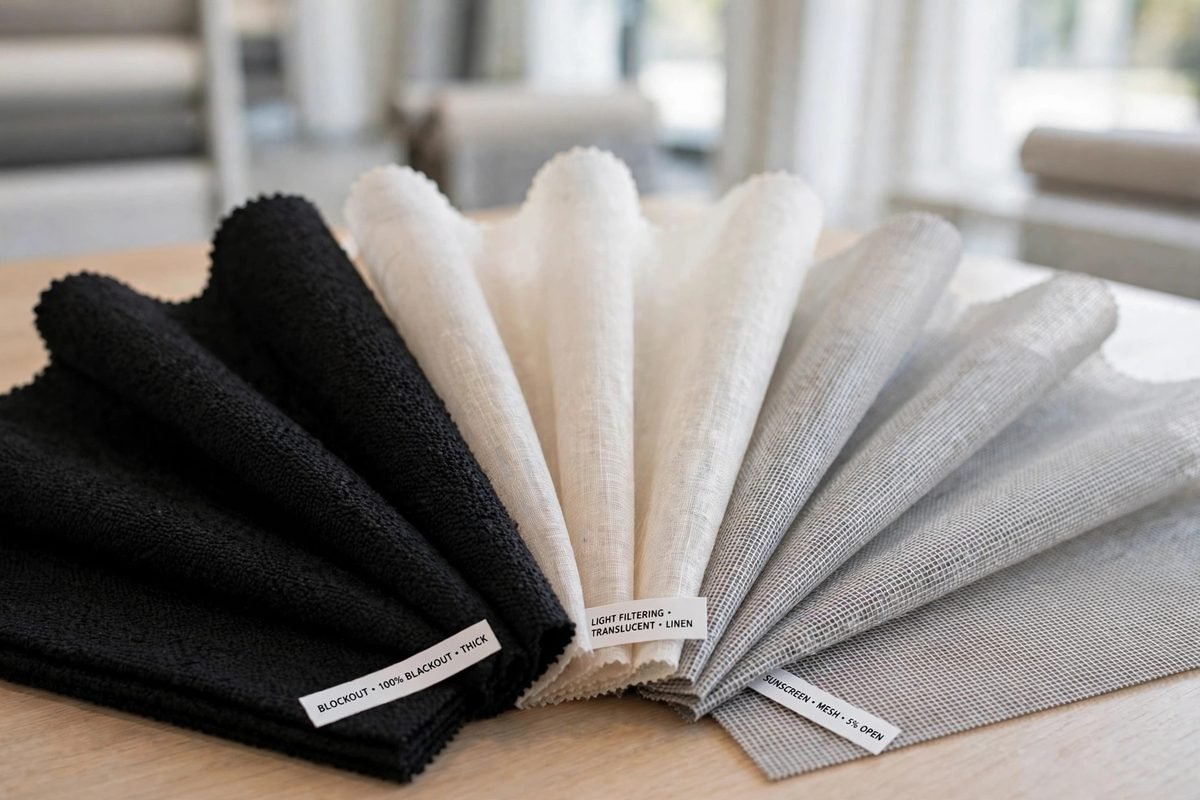 Blockout, light filtering and sunscreen blind fabrics compared side by side