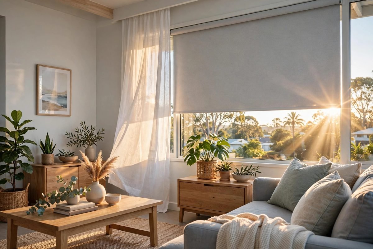 Bright Perth living room with a blockout roller blind half lowered against strong summer sun