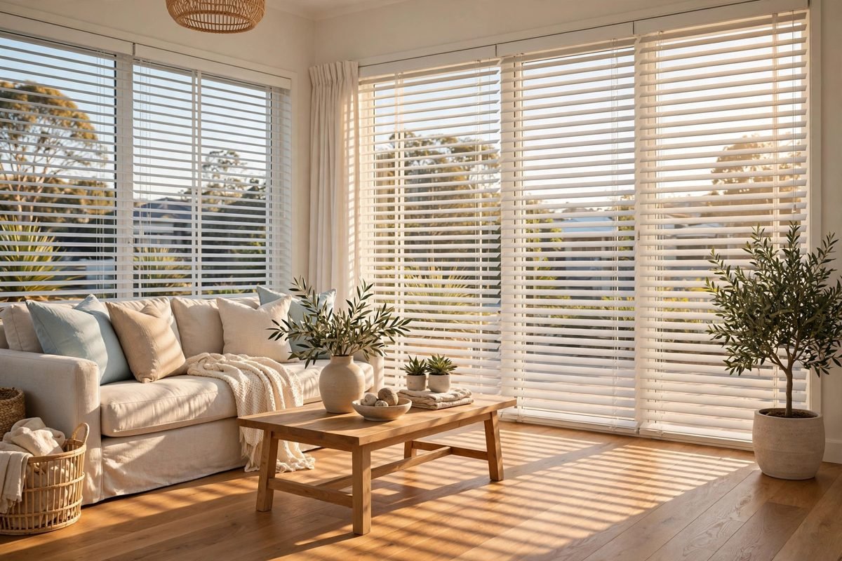 White venetian blinds filtering warm afternoon sunlight in a bright Perth living room