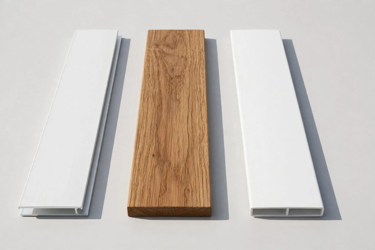 Aluminium, timber and PVC venetian slat samples side by side for comparison